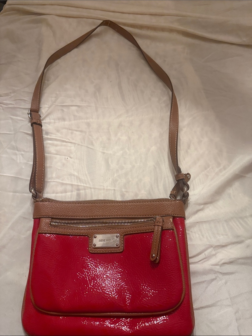 Nine West Red Patent Crossbody with Tan Trim and Adjustable Strap